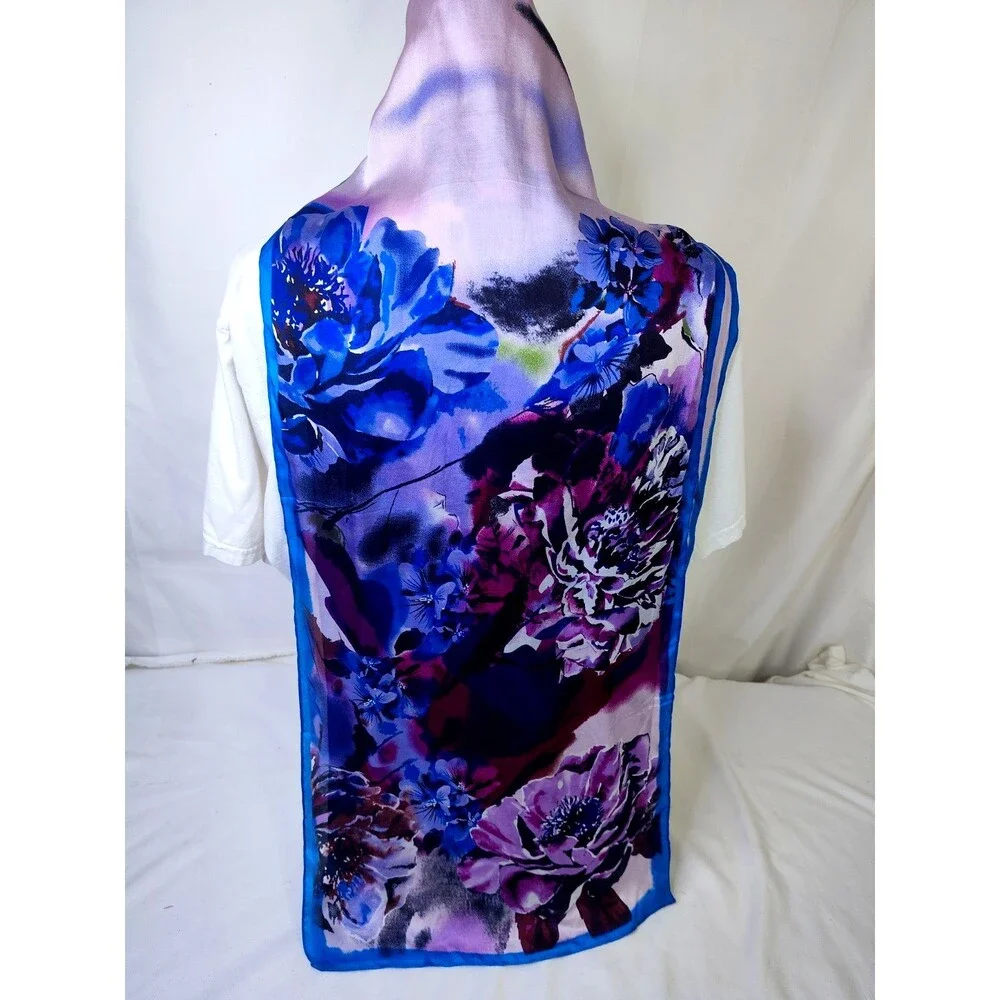 Silk Vince Camuto Watercolor Floral Scarf Wrap Blues White Rectangle 76 X 28 In
